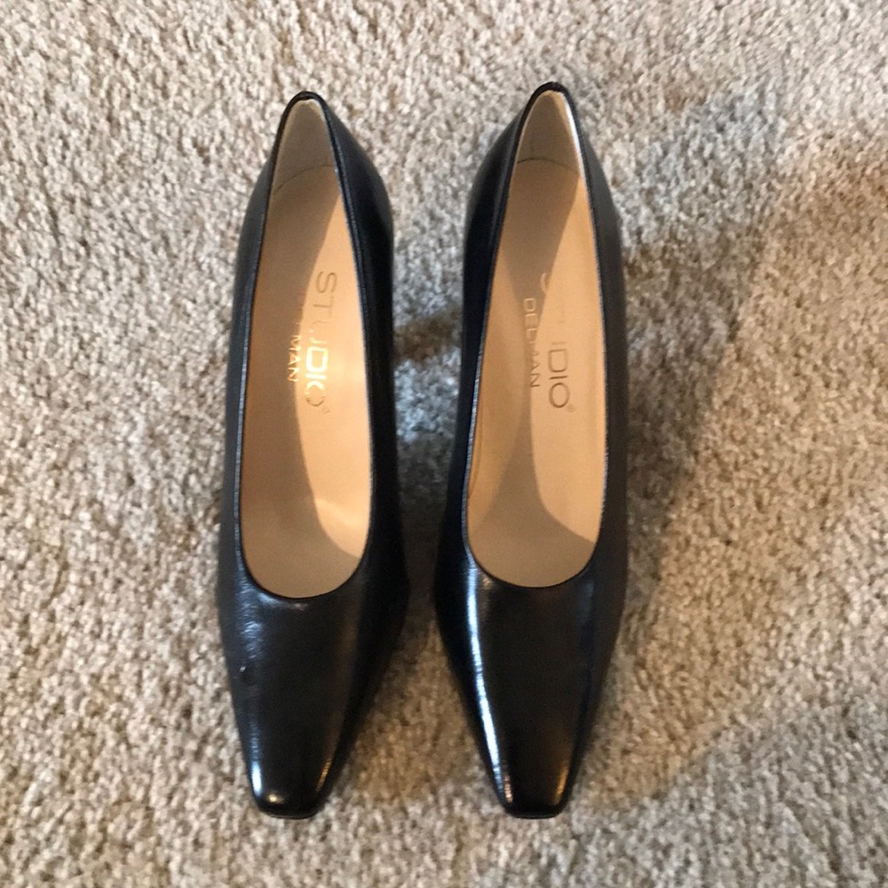 Black leather high heels never worn